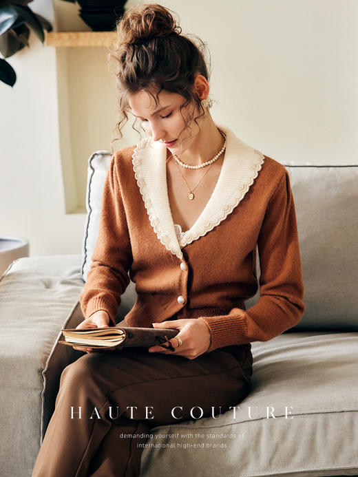 OLrain欧芮儿法式焦糖色针织开衫女秋季2022年新款修身翻领上衣 商品图1