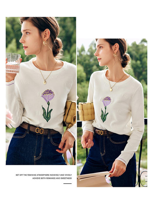 OLrain欧芮儿法式白色针织衫女春秋2022新款慵懒风绣花圆领打底衫 商品图1