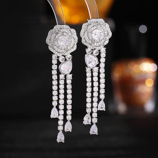 s925银针山茶花耳饰重工轻奢玫瑰花长款流苏耳环LY 商品图1