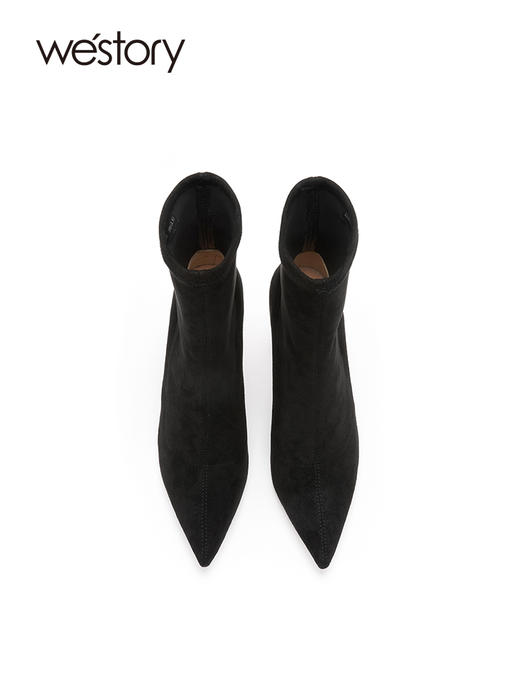 westory22年新款尖头细高跟气质秋冬黑色百搭绒面短筒靴子女82311 商品图3