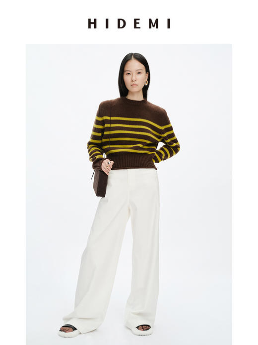 HIDEMI美利奴羊毛撞色条纹厚款粗针毛衣 商品图3