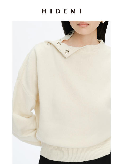 HIDEMI美利奴羊毛纽扣羊腿弧形袖极简毛衣 白色/巧克力色 商品图5