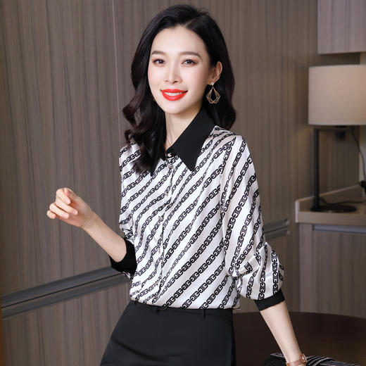 时尚百搭港风设计感小众桑蚕丝条纹优雅潮流立领女士衬衫 商品图0
