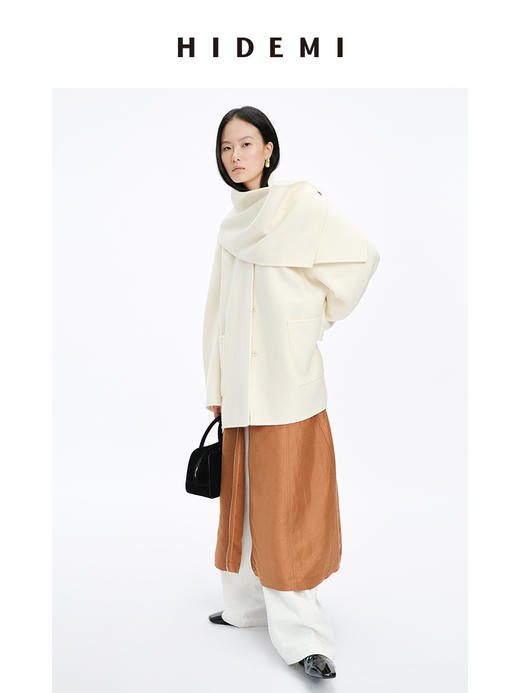 HIDEMI 美利奴双面羊毛极简大廓形口袋分体围巾式中长口袋大衣 商品图1