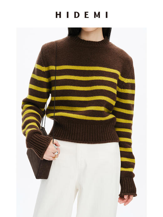 HIDEMI美利奴羊毛撞色条纹厚款粗针毛衣 商品图4