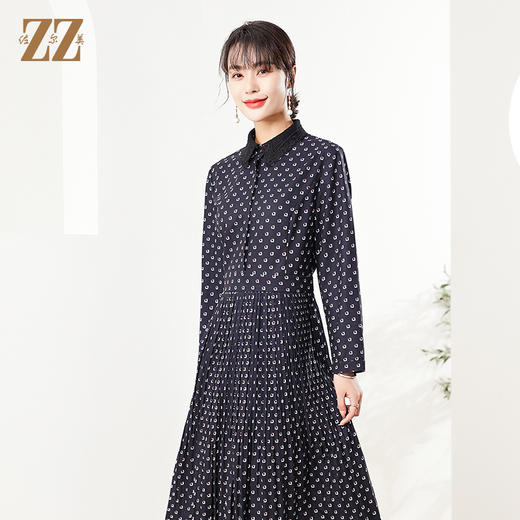 佐尔美秋季新款 蕾丝领菱形印花气质连衣裙E11LL31 商品图3