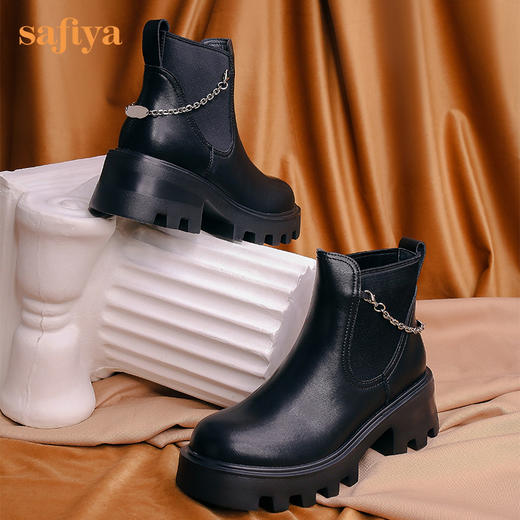 【春节不打烊】Safiya/索菲娅 厚底烟筒靴（有加绒款）2022秋冬新款小众短靴链条粗跟切尔西靴 SF24116067 商品图11