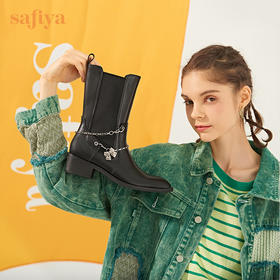 Safiya/索菲娅 中筒靴2022年冬季新品设计感小众链条炸街尖头切尔西靴 SF24116116