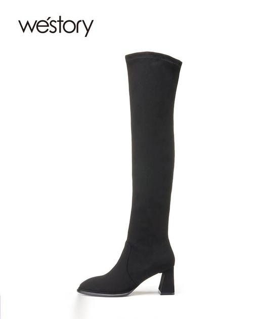 westory22年秋冬新款黑色方头粗高跟长靴过膝弹力瘦瘦靴女82241 商品图3