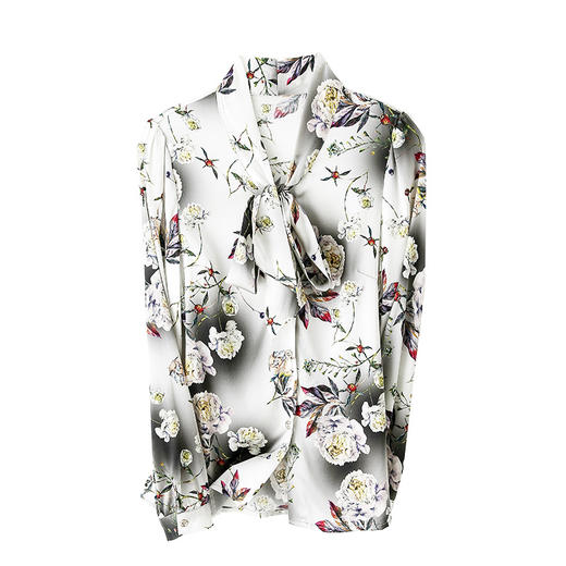 真丝衬衫女长袖飘带蝴蝶结水墨印花秋新款时尚百搭桑蚕丝上衣 商品图4