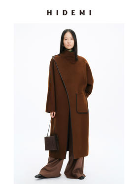 HIDEMI 不对称斜门襟设计感皮边镶嵌工艺大衣