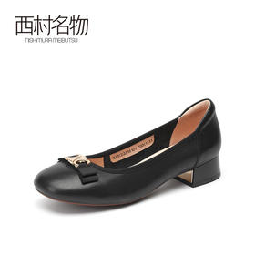 西村名物2021秋新款蝴蝶结单鞋女商城同款通勤粗跟休闲皮鞋33161