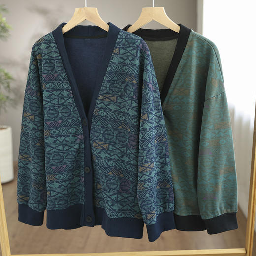 GK-25.13.31 秋季女装新品文艺毛圈休闲卫衣开衫复古拼接印花长袖外套 商品图3