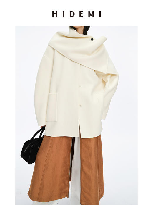 HIDEMI 美利奴双面羊毛极简大廓形口袋分体围巾式中长口袋大衣 商品图4