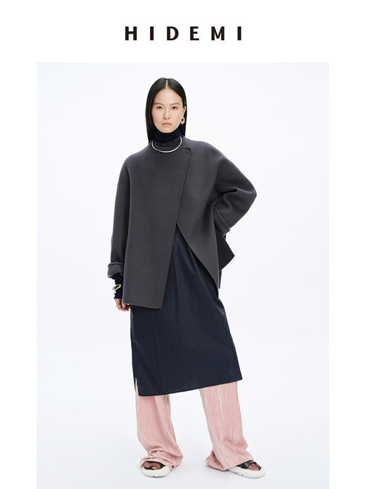 HIDEMI 美利奴双面羊毛不对称设计感翻领大衣 商品图3
