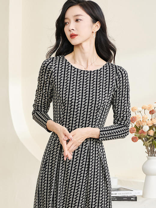 米思阳2024秋季新款优雅气质针织印花连衣裙收腰显瘦中长裙3172 商品图1