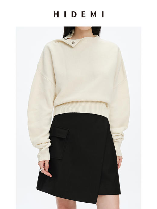 HIDEMI美利奴羊毛纽扣羊腿弧形袖极简毛衣 白色/巧克力色 商品图3