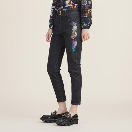 谜底2022秋新款高腰显瘦图案绣花紧身小脚牛仔裤女223MK1006 商品图1