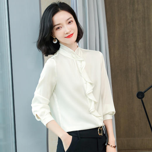 真丝衬衫女秋装新款时尚荷叶边洋气别致桑蚕丝长袖真丝女衬衫 商品图3