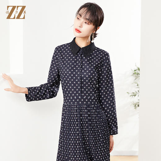 佐尔美秋季新款 蕾丝领菱形印花气质连衣裙E11LL31 商品图2