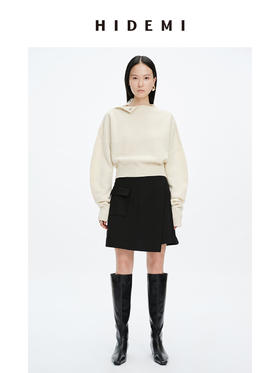 HIDEMI美利奴羊毛纽扣羊腿弧形袖极简毛衣 白色/巧克力色