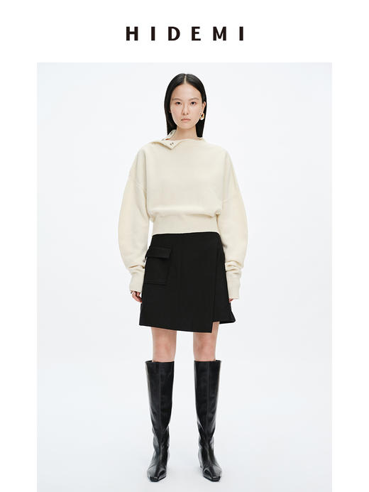 HIDEMI美利奴羊毛纽扣羊腿弧形袖极简毛衣 白色/巧克力色 商品图0
