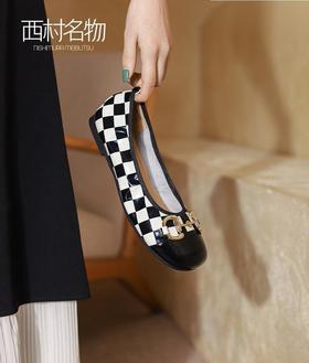 西村名物2022春季新款百搭平底单鞋女棋盘格一脚蹬气质女鞋X22AE19081
