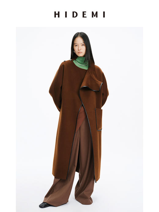 HIDEMI 不对称斜门襟设计感皮边镶嵌工艺大衣 商品图4