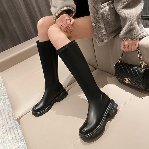 ZHR长筒靴2022年冬季新款韩版显瘦直筒不过膝长靴厚底圆头骑士靴 商品图0