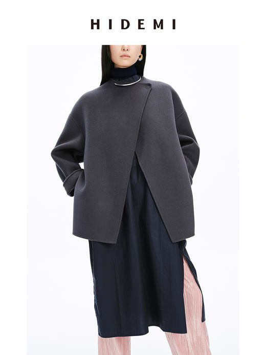 HIDEMI 美利奴双面羊毛不对称设计感翻领大衣 商品图1