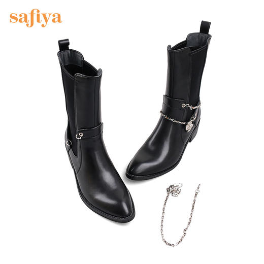 Safiya/索菲娅 中筒靴2022年冬季新品设计感小众链条炸街尖头切尔西靴 SF24116116 商品图8