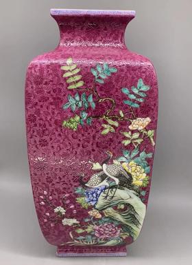 胭脂红扒花花鸟四方镶器