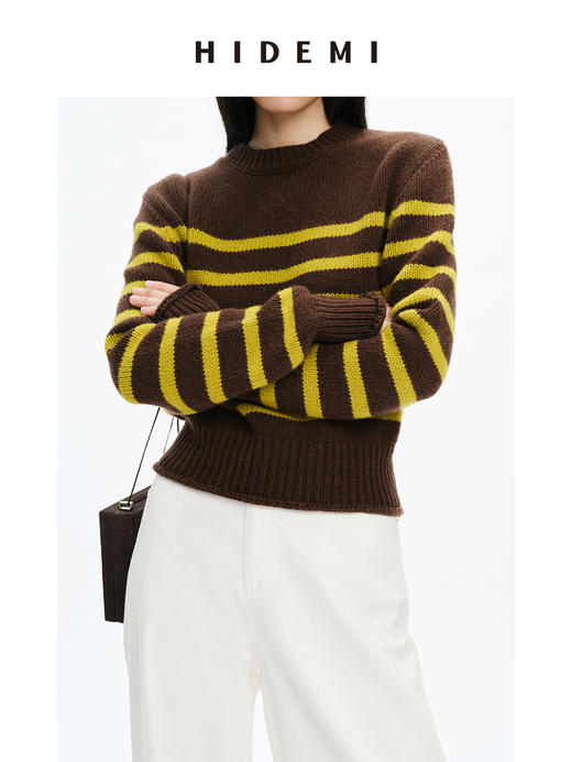 HIDEMI美利奴羊毛撞色条纹厚款粗针毛衣 商品图5