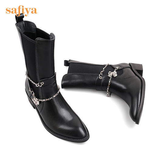 Safiya/索菲娅 中筒靴2022年冬季新品设计感小众链条炸街尖头切尔西靴 SF24116116 商品图9