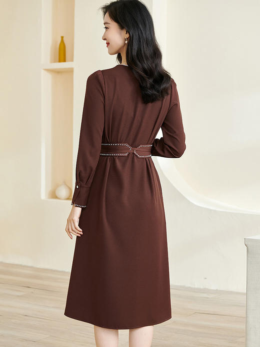 剩S/M/L/XL/XXL 米思阳2026春季新款气质通勤咖色连衣裙系带收腰长袖中长裙子2891 商品图4