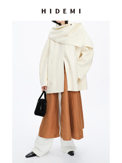 HIDEMI 美利奴双面羊毛极简大廓形口袋分体围巾式中长口袋大衣 商品图6