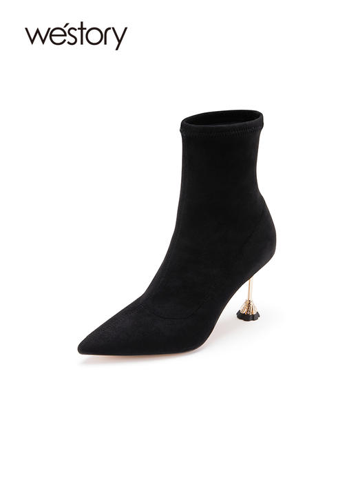 westory22年新款尖头细高跟气质秋冬黑色百搭绒面短筒靴子女82311 商品图1