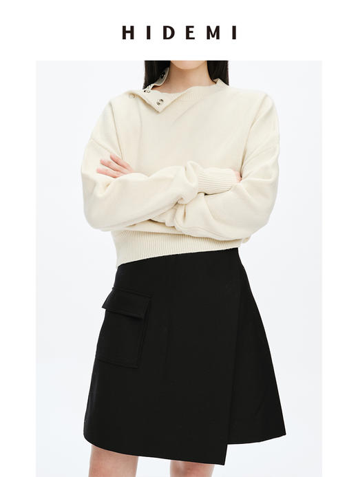HIDEMI美利奴羊毛纽扣羊腿弧形袖极简毛衣 白色/巧克力色 商品图4
