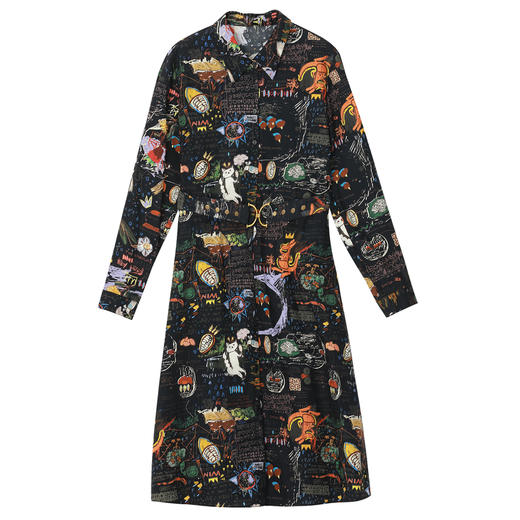 谜底2022秋新款复古趣味印花A型宽松中长款连衣裙长袖女223ML1124 商品图4