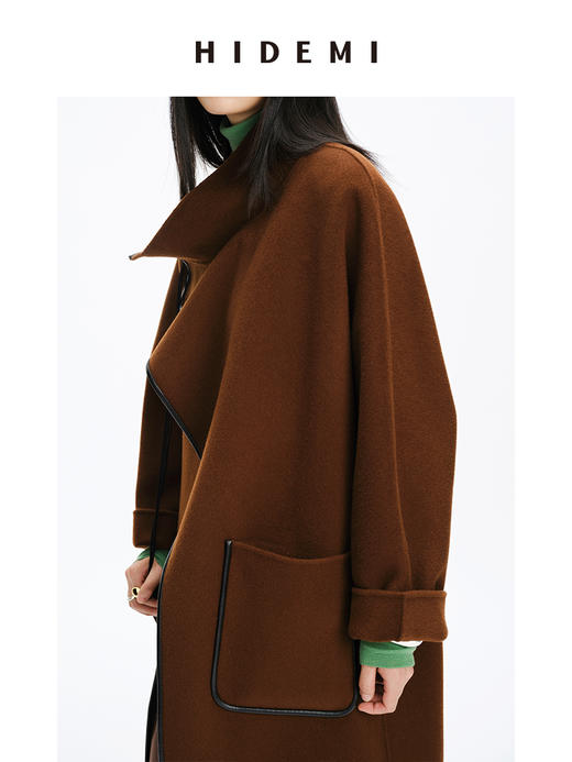 HIDEMI 不对称斜门襟设计感皮边镶嵌工艺大衣 商品图6