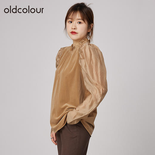 oldcolour2021秋商场同款宽松显瘦纯色荷叶领长袖T恤女N34023408 商品图2