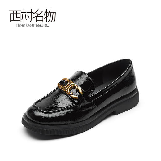 西村名物2021秋季新款真皮松糕鞋厚底英伦风漆皮单鞋一脚蹬X21CM33251 商品图0