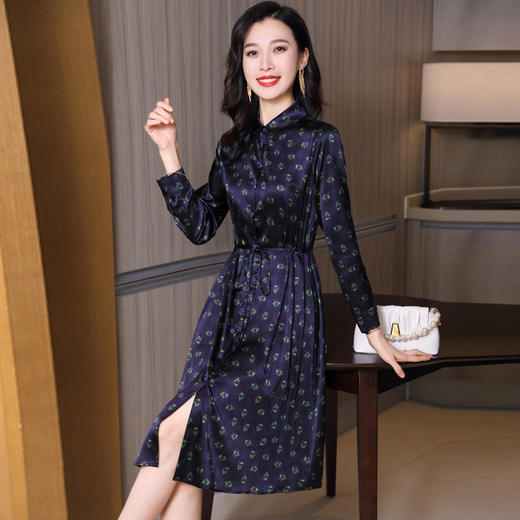 新款真丝系带V领气质时尚女士连衣裙 商品图1