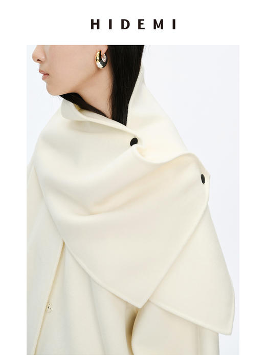 HIDEMI 美利奴双面羊毛极简大廓形口袋分体围巾式中长口袋大衣 商品图3