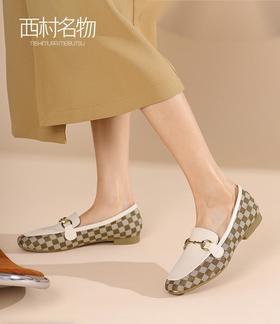 西村名物2022春季新款棋盘格马衔扣乐福鞋四季鞋软底小皮鞋X22AM19821