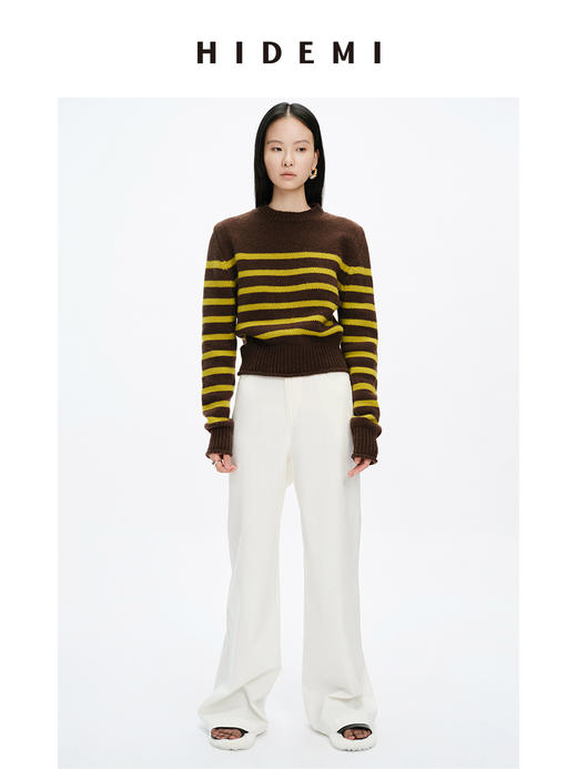 HIDEMI美利奴羊毛撞色条纹厚款粗针毛衣 商品图1