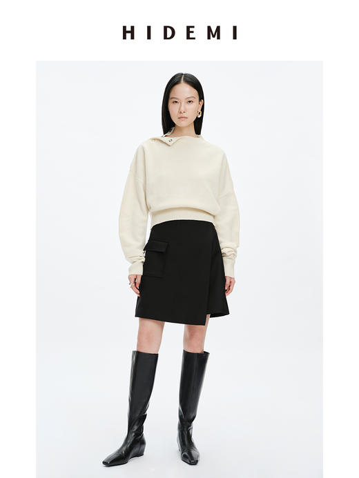 HIDEMI美利奴羊毛纽扣羊腿弧形袖极简毛衣 白色/巧克力色 商品图1