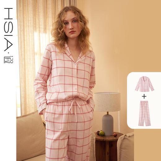 【简约窗格纹】HSIA遐家居服套装秋冬新品宽松磨毛格纹柔软舒适全棉长裤长袖睡衣简约窗格纹 商品图0