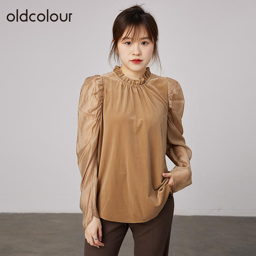 oldcolour2021秋商场同款宽松显瘦纯色荷叶领长袖T恤女N34023408 商品图0