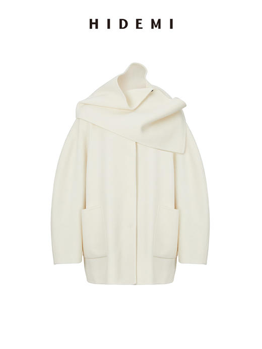 HIDEMI 美利奴双面羊毛极简大廓形口袋分体围巾式中长口袋大衣 商品图8